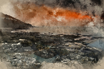 Watercolor painting of Sunrise at an ocean swimming pool in Spring on England's Cornwall coast