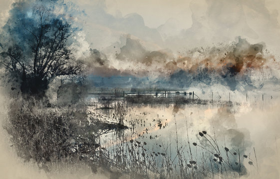 Watercolor painting of Landscape of lake in mist with sun glow at sunrise © veneratio