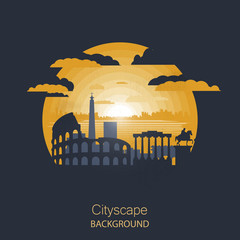 Cityscape vector illustration. Silhouette of Rome.sunset time cityscape in flat style.