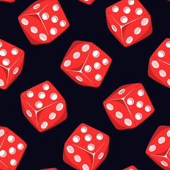 Dice, gaming, casino seamless pattern with red cubes isolated on black background. Gambling wallpaper.	