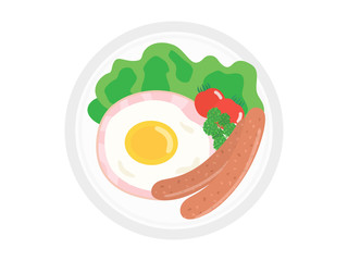 ハムエッグとソーセージの朝食のイラスト