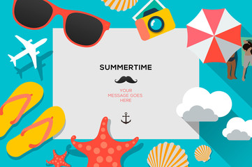 Summertime traveling template with beach summer accessories, flat design, vector illustration.