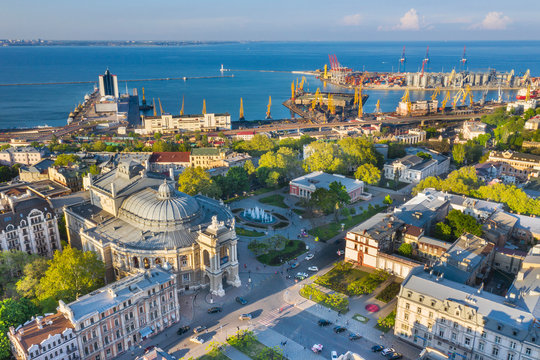 aerial view to streets and port in Odessa in Ukraine