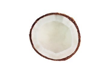 One half of hard hairy fresh raw coconut of brown color with juicy pulp isolated on white background. Top view
