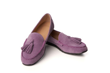 Lilac suede woman's moccasins shoes isolated on white