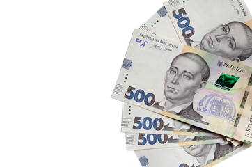 Ukrainian new money hryvnia on white background isolated. Top view, copy space for text.