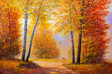 Pheasants in the autumn forest.Oil painting landscape.