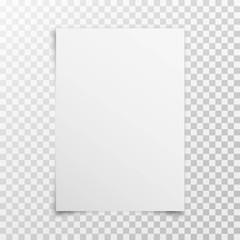 White realistic blank paper page with shadow isolated on transparent background. A4 size sheet paper. Mock up template for your design.