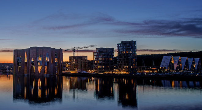 Night landscape of building near the pier. Vejle