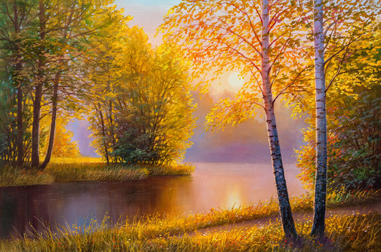 Landscape oil painting with river in summer forest.