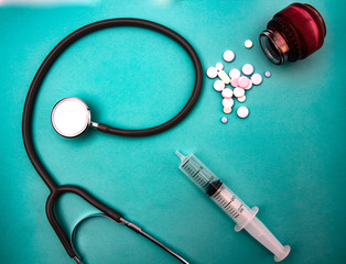 Medicine and medical devices  on a blue background.