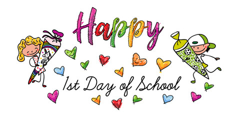 Erster Schultag - Happy First Day of school - Mädchen und Junge mit Schultüte freuen sich über Einschulung - Handzeichnung - Querformat Banner Karte