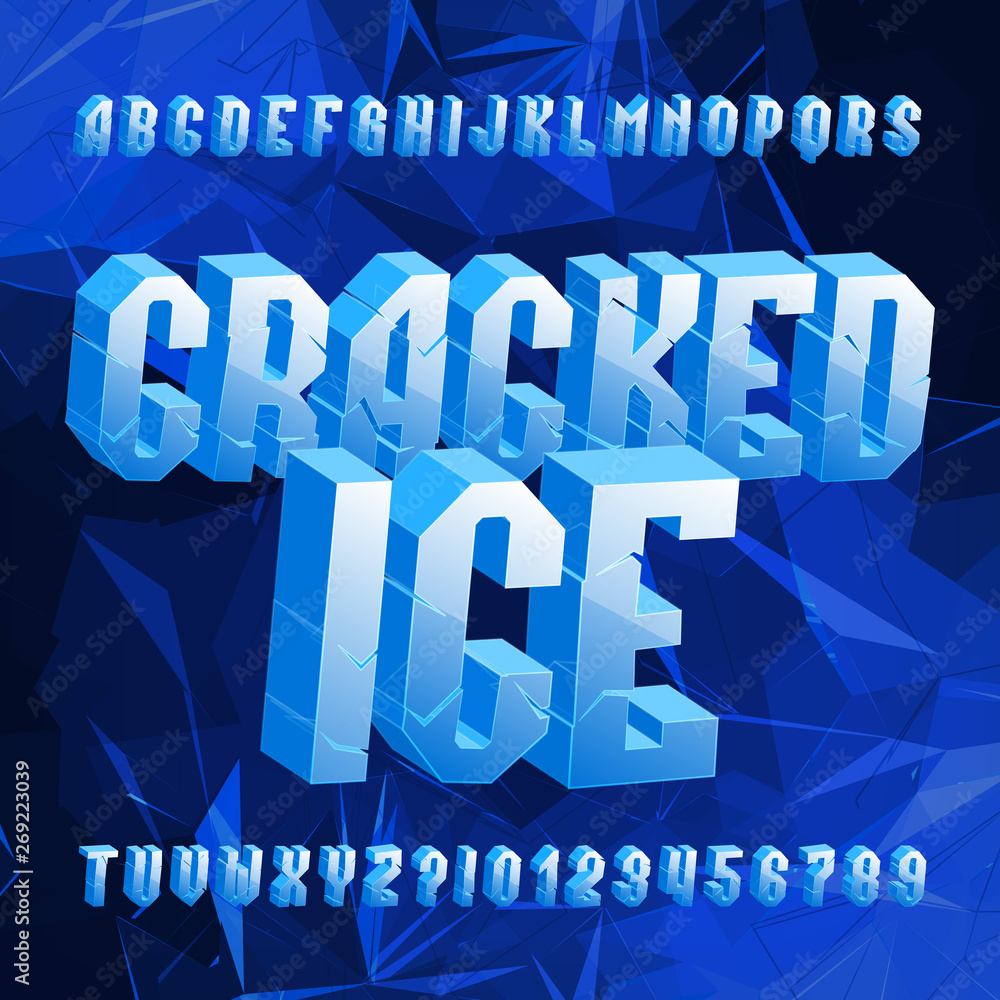 Poster cracked ice alphabet font. distressed letters and numbers on polygonal background. stock vector type