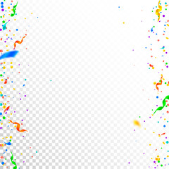 Streamers and confetti. Colorful tinsel and foil ribbons. Confetti borders on white transparent background. Authentic paty overlay template. Bewitching celebration concept.