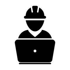 Builder icon vector male construction worker person profile avatar with laptop and hardhat helmet in glyph pictogram illustration
