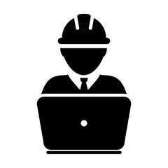 Employee icon vector male construction worker person profile avatar with laptop and hardhat helmet in glyph pictogram illustration