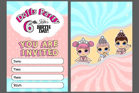 Pink vector template of invitation card for little girl. Cute illustration  kids birthday party in doll princess style. Printable colorful invite. Place your text, picture, photo frame. Zipper border