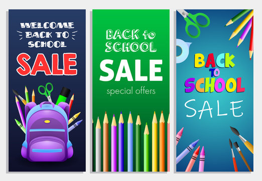 Back to school sale letterings set with backpack, pencils and brushes. Offer or sale advertising design. Typed text, calligraphy. For leaflets, brochures, invitations, posters or banners.
