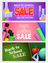 Back to school sale letterings set, chalkboard, flasks and copybooks. Offer or sale advertising design. Typed text, calligraphy. For leaflets, brochures, invitations, posters or banners.