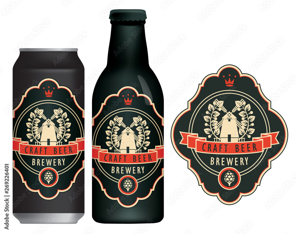 Poster vector beer label with windmill, laurel wreath and ribbon in figured frame on the black background i