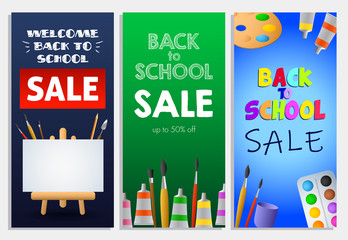 Back to school sale letterings set, paint brushes and easel. Offer or sale advertising design. Typed text, calligraphy. For leaflets, brochures, invitations, posters or banners.