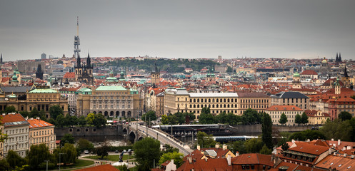 Fototapeta na wymiar Panoramic top view of Prague old town with historic buildings and Vltava river,
