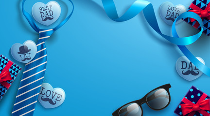 Father's Day blue background for Poster or banner with cute blue heart by text inside and gift box for dad concept.Promotion and shopping template for Father's Day.Vector illustration EPS10