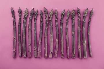 Fresh purple asparagus on violet background, top view