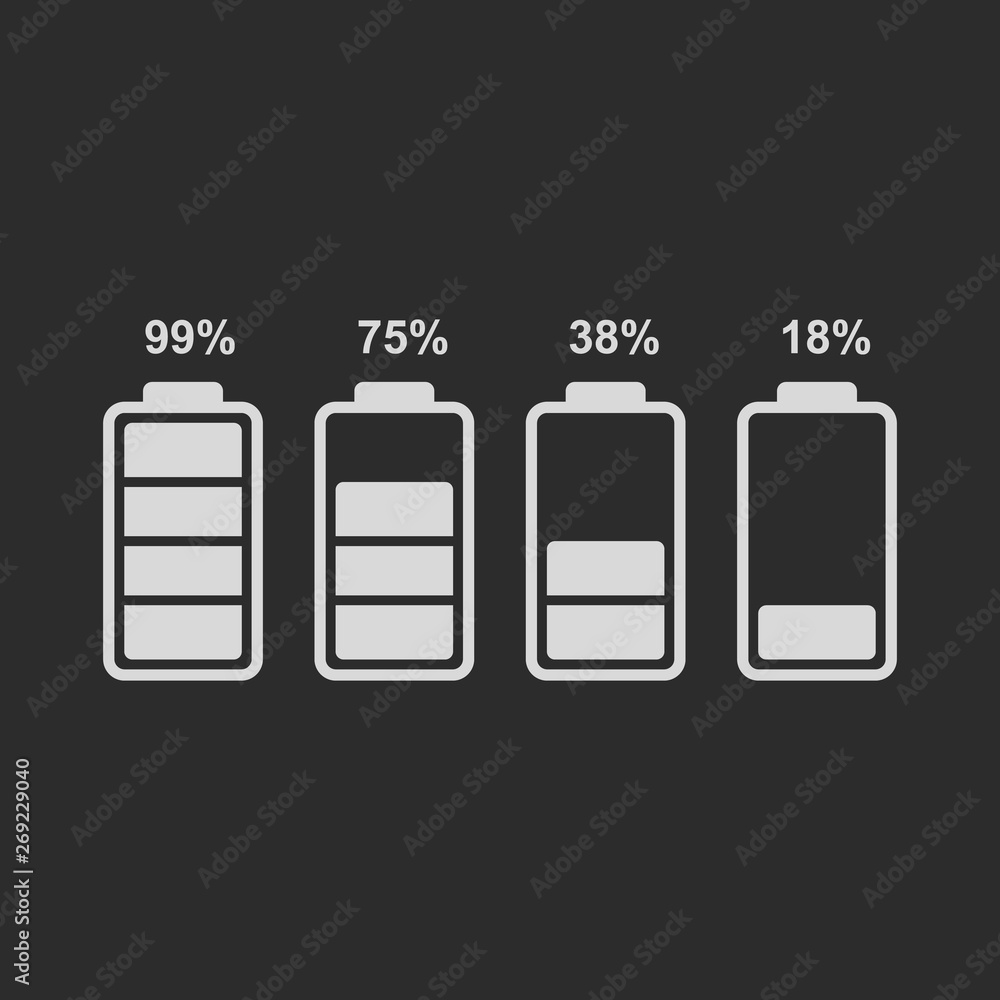 Poster vector battery icon isolated on black background. simple battery icons with percentages of charge le