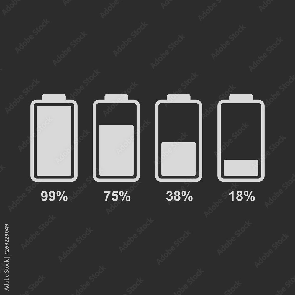 Fototapete flat vector battery icons isolated on dark background. set of battery level indicator icons.