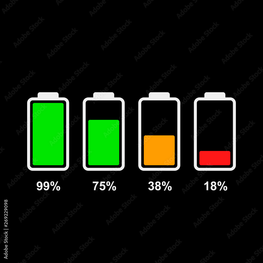 Poster Vector battery level icons isolated on dark background. Flat battery icons for interface design of various types of devices.