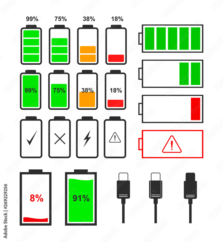 Leinwandbilder Set of icons of battery indicator and type-c cable isolated on white background. Collection of vector battery icons for interface design of various types of devices.