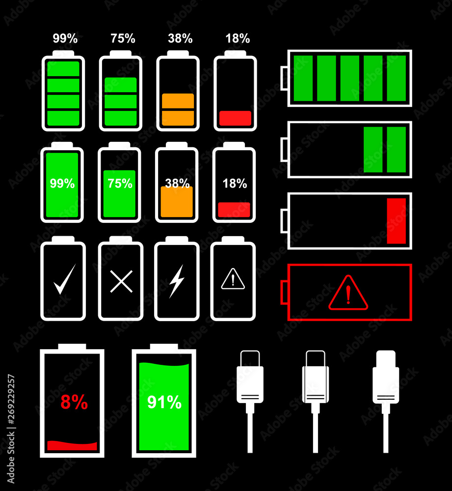 Poster Battery icons and type-c cable for various types of devices isolated on black background. Vector indicator icons for battery level.