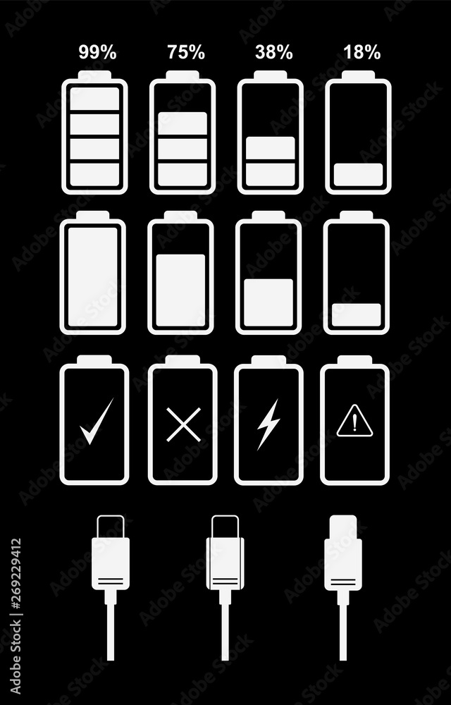 Poster Set of battery and type-c cable icons. Vector icons of indicators for the design of the interface of phone, tablet and other devices.