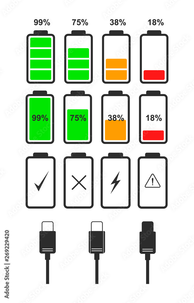 Poster Set of flat icons of battery level indicators and type-c cables. Vector icons of battery and USB cable for the design of the interface of smartphone, tablet and other devices.