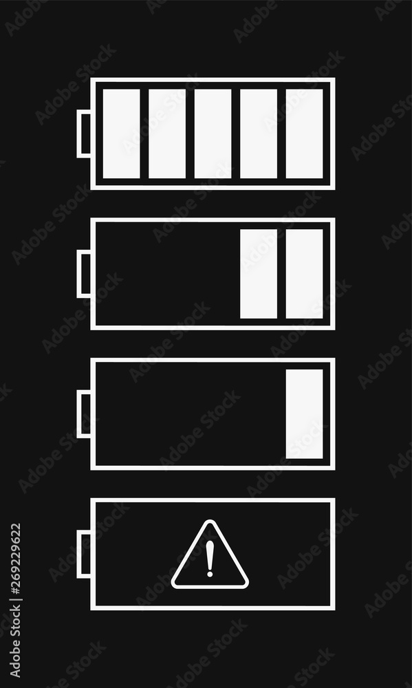 Poster Vector battery level indicator icons isolated on black background. Battery icons for the interface of various types of devices.