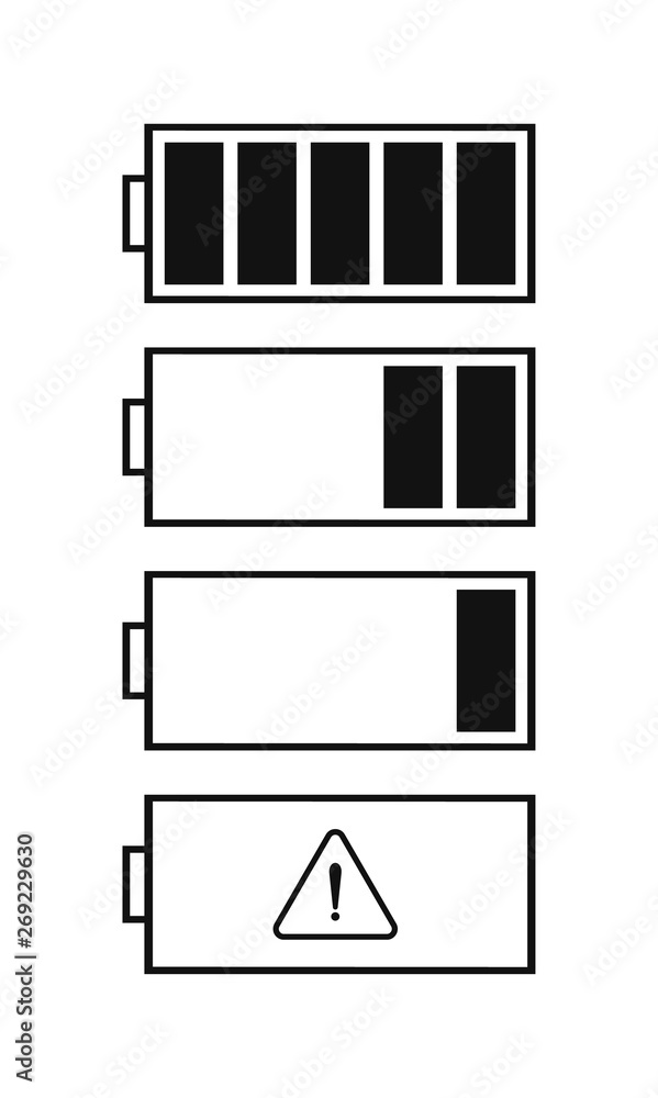 Poster Flat battery icons for the interface of various types of devices. Ready vector battery level indicator icons.