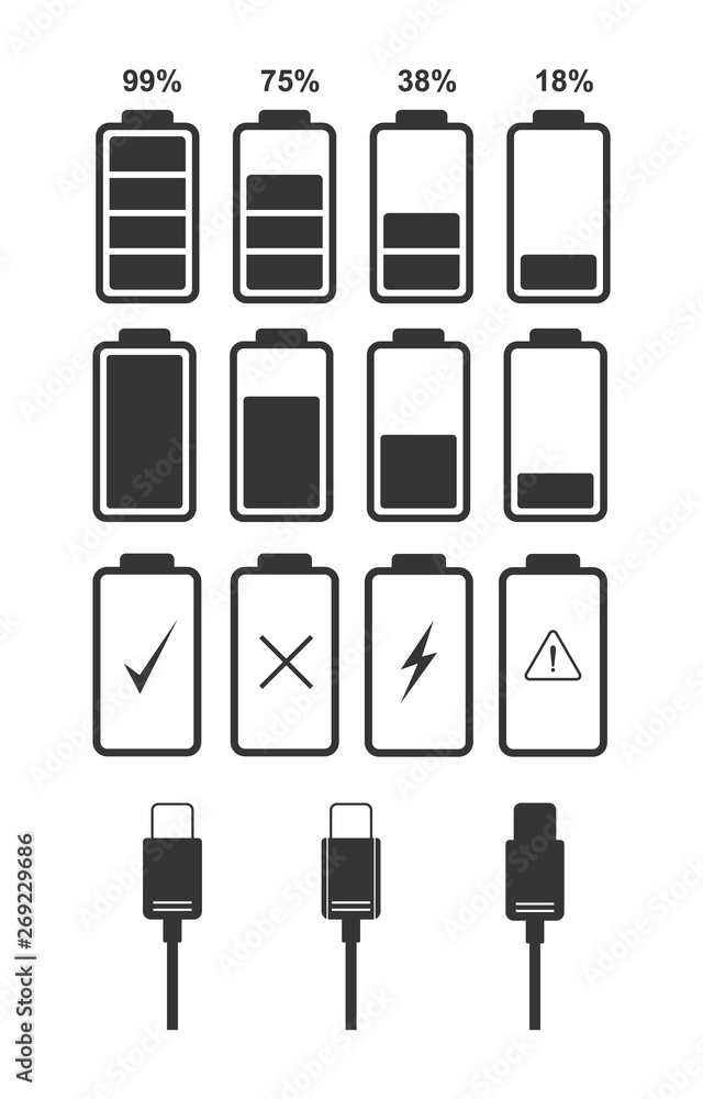 Poster Collection of flat icons of battery and type-c cable. Ready vector battery icons for interface design of various types of devices.