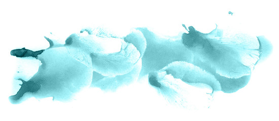 Abstract watercolor background hand-drawn on paper. Volumetric smoke elements. Blue-Green color. For design, web, card, text, decoration, surfaces.