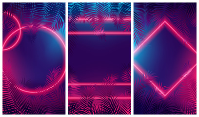 Bright red glow from geometric shapes, neon cyberpunk background with tropical leaves