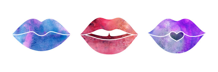 Set of watercolor lips with bright makeup. Isolated on white.