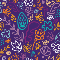 Blue orange potpourri floral seamless pattern. Great for modern spring and children product design, fabric, wallpaper, backgrounds, invitations, packaging design projects. Surface pattern design.