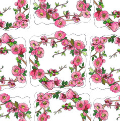 Spring flowers. Blooming tree.Collage of flowers on watercolor background.Use printed materials, signs, items, websites, maps, posters, postcards, packaging.Seamless pattern.
