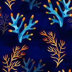 Fototapeta na wymiar Seamless pattern with underwater life objects. Marine design-shell, sea star. Watercolor hand drawn painting illustration. Element for posters, greeting cards.
