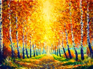 Fotobehang Oranje Painting oil - Autumn Landscape golden alley park - modern art impressionism abstract landscape acrylic paint artwork  © weris7554