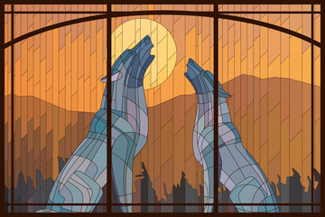 Stained-glass window a pair of wolves howl at sunset against the backdrop of mountains. Vector graphics