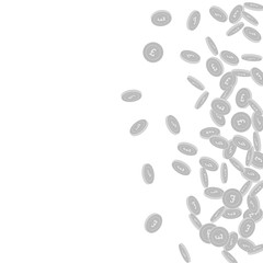 British pound coins falling. Scattered black and white GBP small coins. Jackpot or success concept. Mind-blowing scatter right gradient vector illustration.