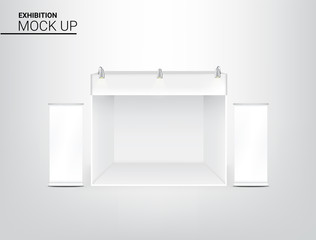 3D Mock up Realistic Tent Display POP Booth for Shop Sale Marketing Promotion Exhibition with Metallic Spotlight Lamp and Roll up Template Background Illustration