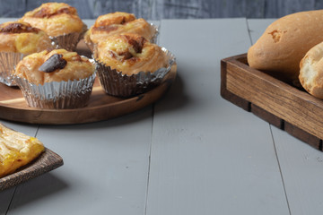 close up of bakery and danish shredded pork on wooden board