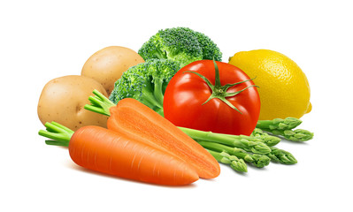 Carrots, broccoli, potato, tomato, asparagus and lemon isolated on white